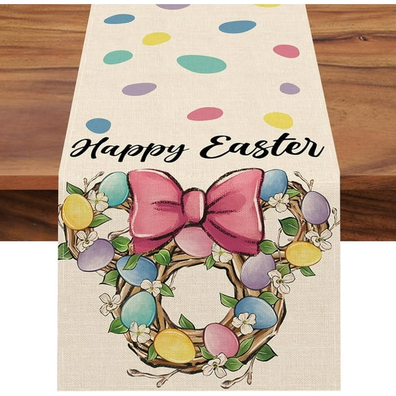 Happy Easter Wreath Table Runner, Colorful Easter Eggs Kitchen Dining Table Decor, Spring Burlap Home Decoration Indoor Outdoor Party Supply 13 x 72 Inches