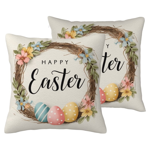 Happy Easter Wreath Throw Pillow Covers Set of 2, Spring Pastel Egg Floral Decorative Cushion Cases for Couch Sofa, Double-Sided Faux Linen 16x16