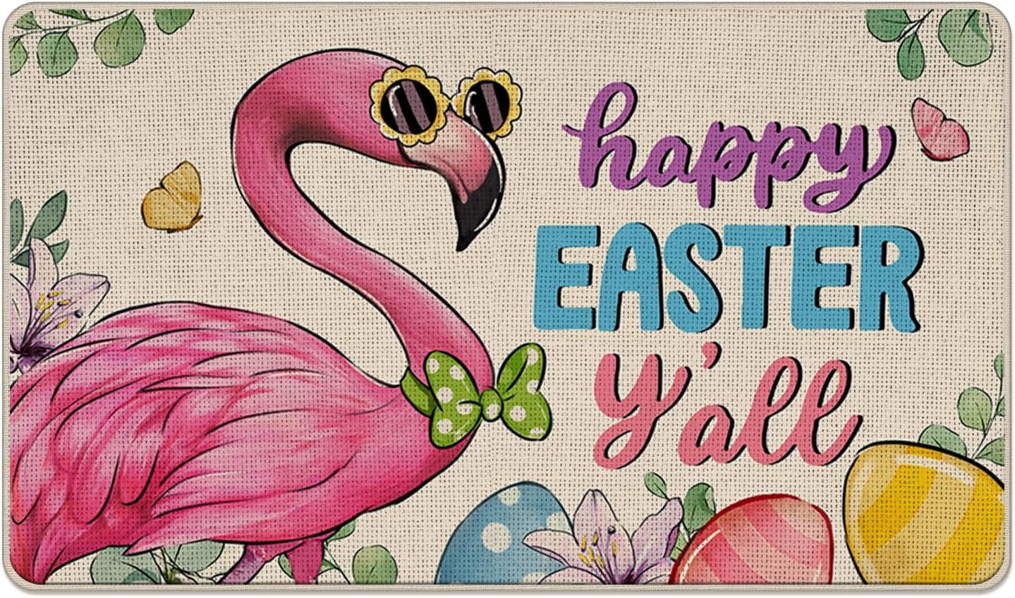 Happy Easter Y''all Flamingo Decorative Front Door Mat, Easter Eggs Welcome Doormat Indoor Outdoor Non-Slip Floor Entryway Rug, Spring Butterfly Lily Flower Home Kitchen Decoration 17x30 Inch