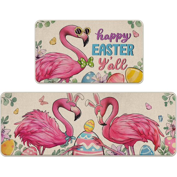 Happy Easter Y''all Flamingo Kitchen Rugs Set of 2, Easter Eggs Butterfly Kitchen Mats Decor, Spring Lily Flower Floor Door Mat Home Decorations - 17x30 and 17x47 Inch
