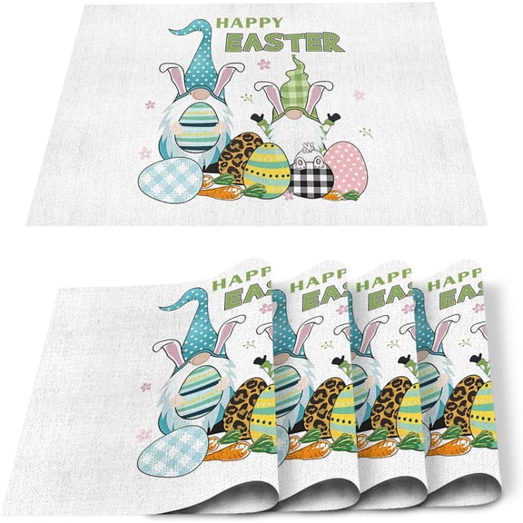 Happy Easter''s Placemats Set of 4 Cotton for Dinner Table Waterproof Gnomes Spring Table Mats,Leprechauns Buffalo Check Egg Place Mats Munchkins Dinner Mat Farmhouse Resistant Holiday Table Decor