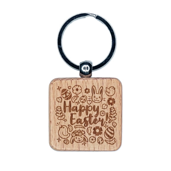 Happy Easter with Bunny Chicks Flowers and Eggs Square Keychain Charm Tag - Engraved Wood