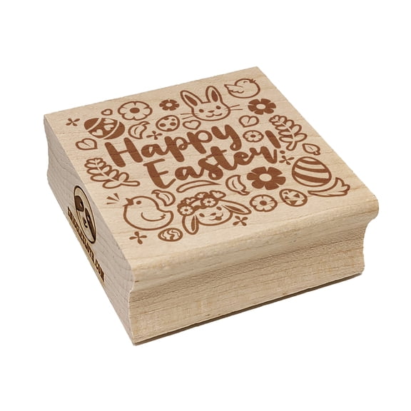 Happy Easter with Bunny Chicks Flowers and Eggs Square Rubber Stamp Stamping Scrapbooking Crafting - Small 1.25in