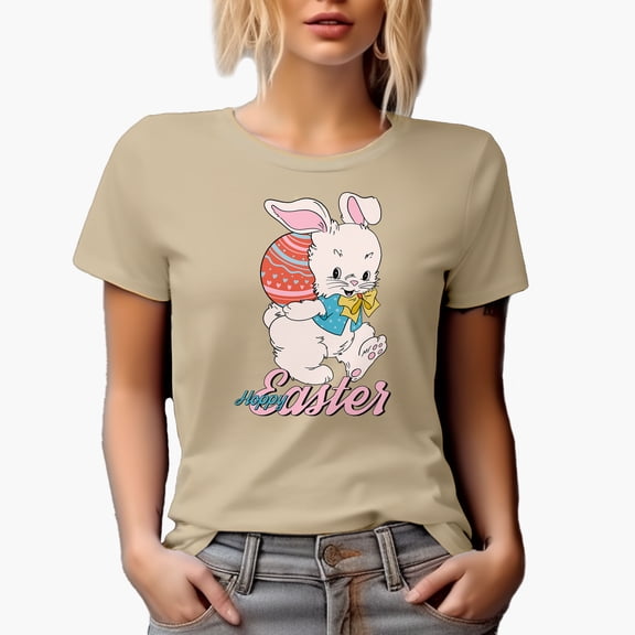 Happy Easter with a Cute Bunny or Rabbit Carrying an Egg, Favor, Souvenir or Merch Gift, Tan T-Shirt, Small