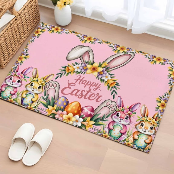 Happy Eatser Entryway Rug 2'x3' Non Slip Front Door Mats, Cute Bunny Colorful Eggs Rustic Flower Plants Pink Entrance Rugs Indoor Outdoor Carpet, Floor Mats Small Area Rug for Bedroom Kitchen