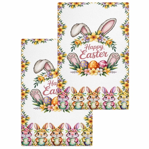 Happy Eatser Kitchen Dish Towels for Drying Dishes Set of 2, Colorful Bunny Eggs Rustic Flowers Botanical Waffle Weave Microfiber Hand Tea Bathroom Towels Quick Dry & Absorbent Towel 15.7x23.6