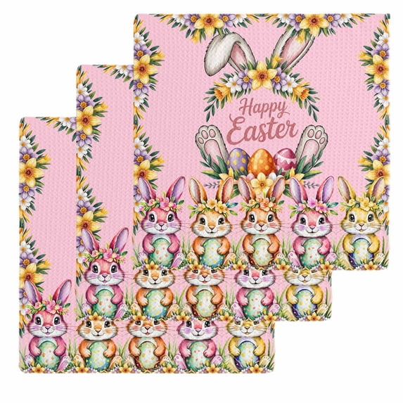 Happy Eatser Kitchen Dish Towels for Drying Dishes Set of 3, Cute Bunny Colorful Eggs Rustic Flower Plants Pink Waffle Weave Microfiber Hand Tea Bathroom Towels Quick Dry & Absorbent Towel 12x12