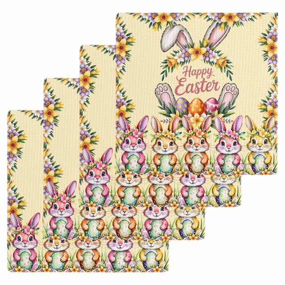 Happy Eatser Kitchen Dish Towels for Drying Dishes Set of 4, Colorful Bunny Eggs Spring Flowers Plants Yellow Waffle Weave Microfiber Hand Tea Bathroom Towels Quick Dry & Absorbent Towel 12x12