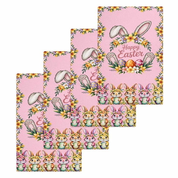Happy Eatser Kitchen Dish Towels for Drying Dishes Set of 4, Cute Bunny Colorful Eggs Rustic Flower Plants Pink Waffle Weave Microfiber Hand Tea Bathroom Towels Quick Dry & Absorbent Towel 15.7x23.6