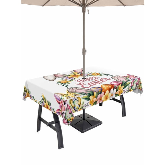 Happy Eatser Outdoor Tablecloth - 60x84 Inch Rectangle Dining Table Cover, Colorful Bunny Eggs Rustic Flowers Botanical Waterproof Outdoor Table Cloth with Umbrella Hole & Zipper for Picnic/Patio