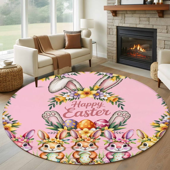 Happy Eatser Round Area Rug 8Ft Washable Large Circle Rugs for Living Room Dorm, Cute Bunny Colorful Eggs Rustic Flower Plants Pink Non-Slip Carpet Floor Mats Indoor Outdoor Carpet Runner Home Decor