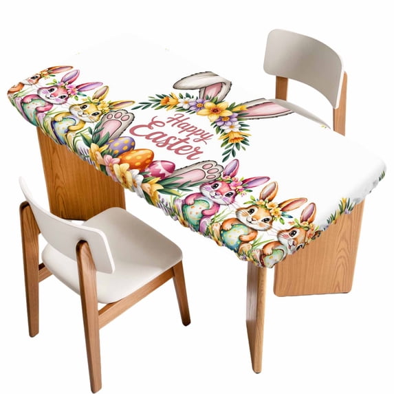 Happy Eatser Table Cloths for 4 Foot Rectangle Tables, Colorful Bunny Eggs Rustic Flowers Botanical Patio Waterproof Elastic Fitted Tablecloths, Washable Rectangular Table Cover for Camping