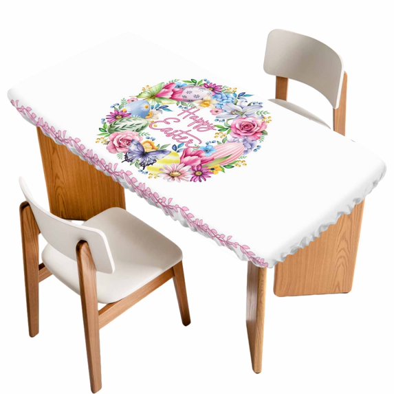 Happy Eatser Table Cloths for 4 Foot Rectangle Tables, Spring Flowers Colorful Eggs Pastoral Butterfly Patio Waterproof Elastic Fitted Tablecloths, Washable Rectangular Table Cover for Camping