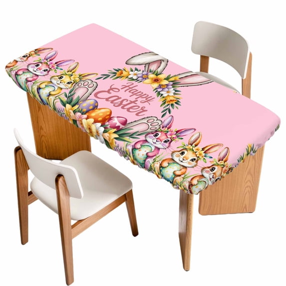Happy Eatser Table Cloths for 6 Foot Rectangle Tables, Cute Bunny Colorful Eggs Rustic Flower Plants Pink Patio Waterproof Elastic Fitted Tablecloths, Washable Rectangular Table Cover for Camping
