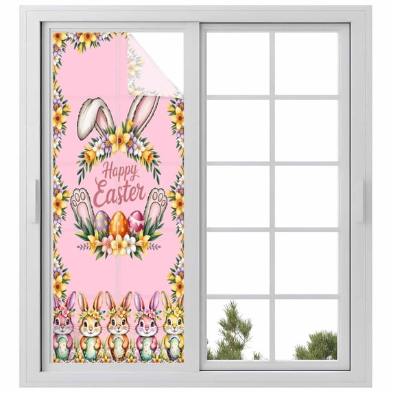 Happy Eatser Window Privacy Film,Cute Bunny Colorful Eggs Rustic Flower Plants Pink Static Cling UV Sun Blocking Window Tint Day and Night,Non-Adhesive One Way Privacy Cover 29.5''x78.7''