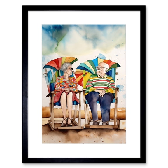 Happy Elderly Couple On Summer Beach Chairs Watercolour Painting Artwork Framed Print Wall Art 9X7 Inch