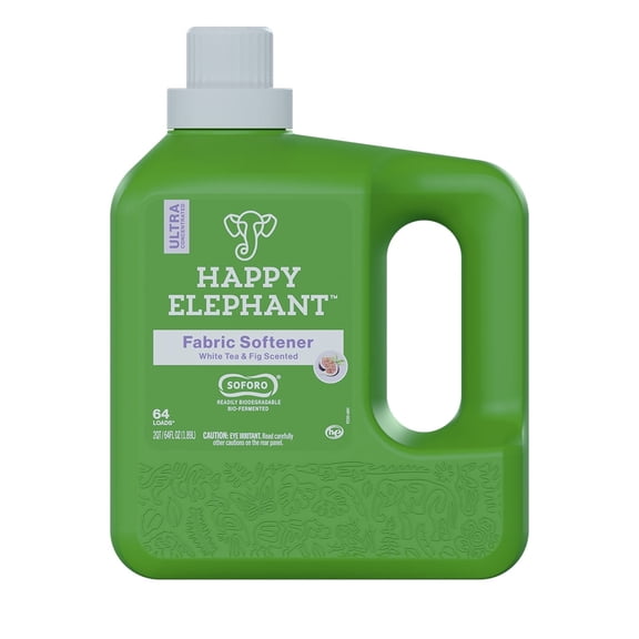 Happy Elephant Fabric Softener - Ultra Concentrated, Fabric Conditioner, Liquid Laundry Softener, Eco Friendly, 64 Loads - White Tea and Fig (64 fl oz - Pack of 1)
