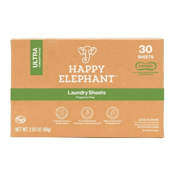 Happy Elephant Laundry Detergent Sheets - Fragrance Free - 30 count (Pack of 1)