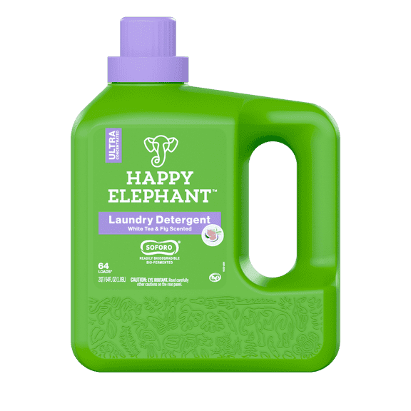Happy Elephant Laundry Detergent - Ultra Concentrated, Liquid Laundry Soap, Eco Friendly, Stain Remover, Gentle, Fresh Linen, High Efficient, 64 loads - White Tea and Fig (64 fl oz - Pack of 1)