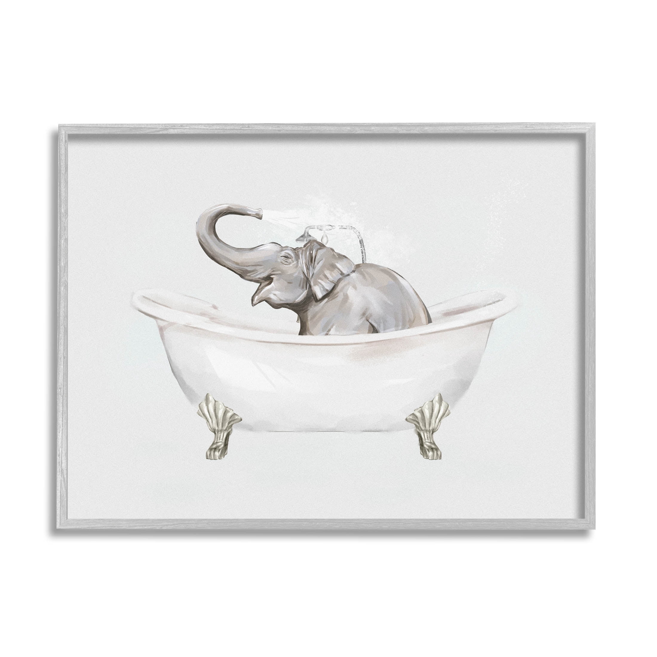 Happy Elephant Splashing Bathtub Animals & Insects Graphic Art Gray Framed Art Print Wall Art