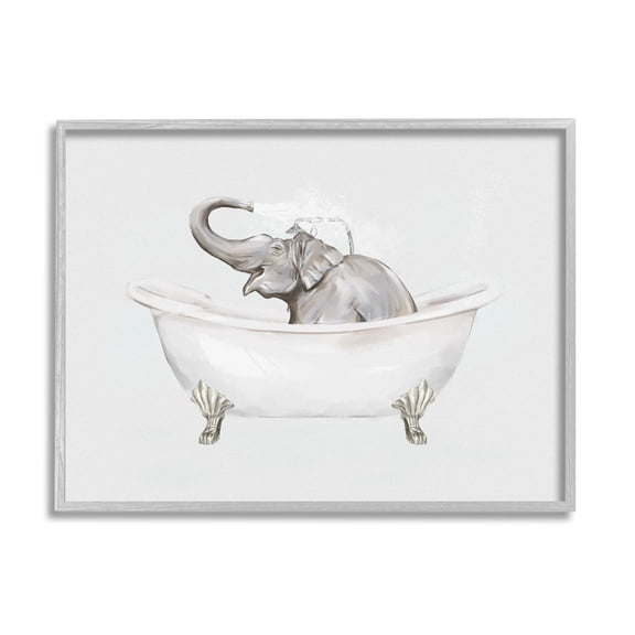 Happy Elephant Splashing Bathtub Animals & Insects Graphic Art Gray Framed Art Print Wall Art