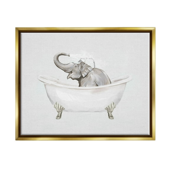 Happy Elephant Splashing Bathtub Animals & Insects Graphic Art Metallic Gold Framed Art Print Wall Art