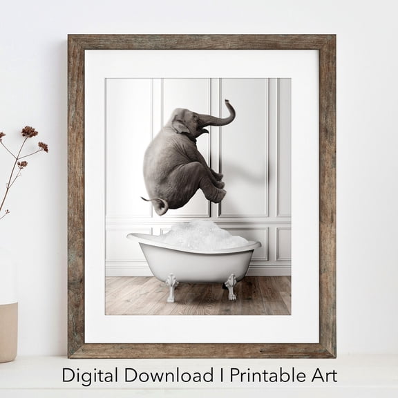 Happy Elephant in Tub Photo Bathroom Art Print, Stretched Canvas 8x10in