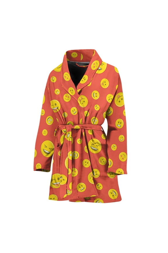 Happy Emoji Pattern Women Bathrobe One Size Univeral Fits Fashion Lightweight Plush Fleece Long Robe For Women