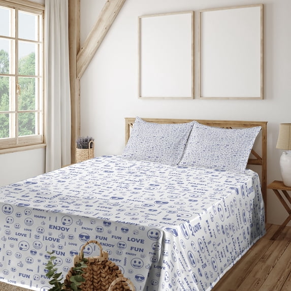 Ambesonne Happy Emoji Fitted & Top Sheet Set with Shams, Funny Round Faces Print, Ceil Blue and Pale Grey