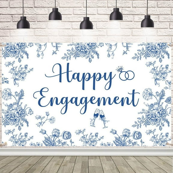 Happy Engagement Backdrop Blue and White Bridal Shower Photography Background Bride to Be Wedding Engagement Party Decorations Banner Supplies Photo Booth Props