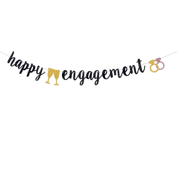 Happy Engagement Banner for Engagement/wedding/Bachelorette/Wedding Shower Bride to Be Decorations,Black Giltter Pre-Strung