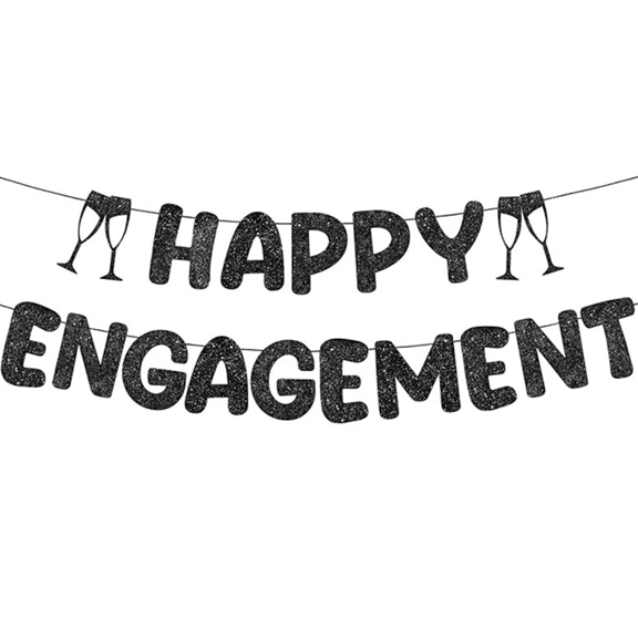 Happy Engagement Black Glitter Banner, Party Decoration with Champagne Glass Accents