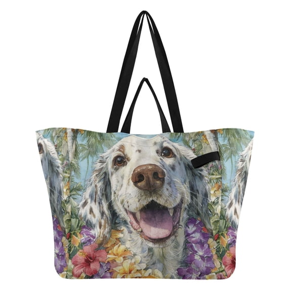 Happy English Setter Dog Canvas Tote Bag Large Capacity Reusable Tote with Double Handles, Foldable Heavy Duty Shopping Beach Laundry Bag, 32L