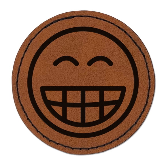Happy Face Big Smile Teeth Grin Emoticon 2.5" Faux Leather Round Engraved Iron-On Patch - Brown