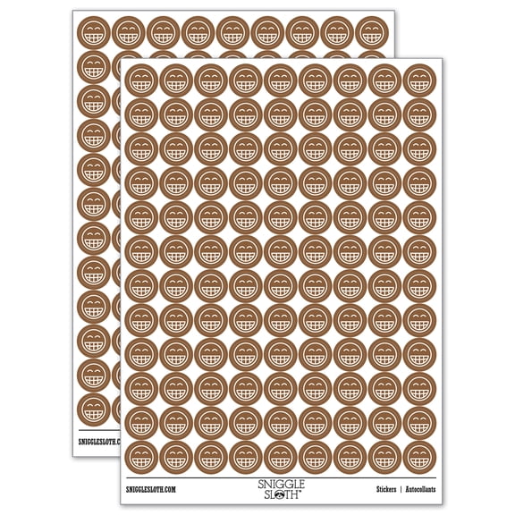 Happy Face Big Smile Teeth Grin Emoticon 200+ Round Stickers - Brown - Matte Finish - 0.50" Size