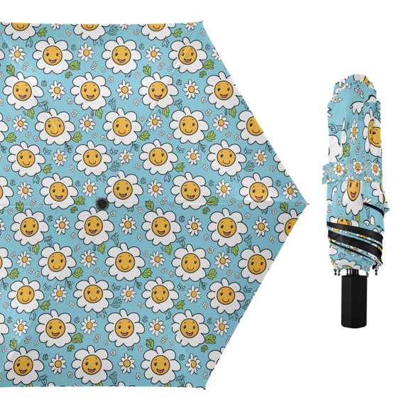 Happy Face Daisies Flower Compact Sun Umbrella Windproof Travel Umbrellas for Rain Strong Portable UV Protection