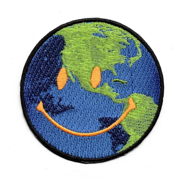 Happy Face Earth Patch Smiley Circle World Embroidered Iron On Patch