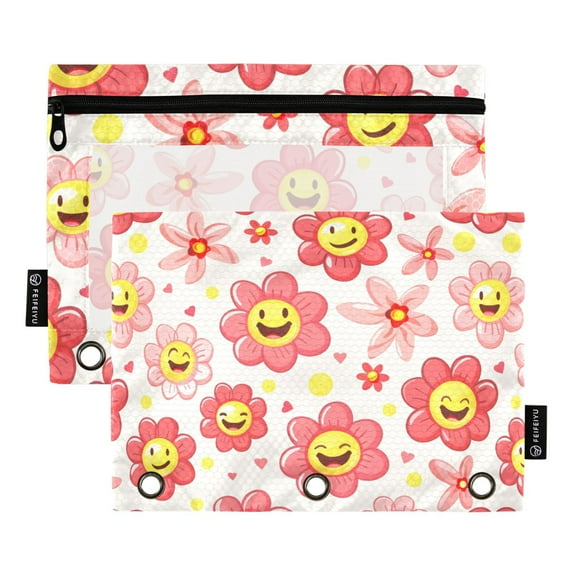 Happy Face Flowers 2 Pack Pencil Pouch for 3 Ring Binder Smooth Zipper Folders with Pockets Clear Window Pencil Case
