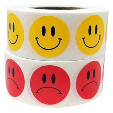 Happy Face Stickers Roll - 500 Yellow 2 Inch Round Adhesive Labels, Semi-Gloss Paper, Made In USA For Teachers, Rewards, Crafts