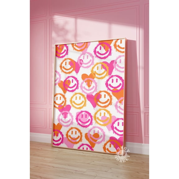 Happy Face Heart Dopamine Graffiti Preppy Wall Art, Stretched Canvas Size 12x18