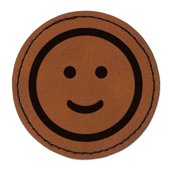 Happy Face Smile Good Job 2.5" Faux Leather Round Engraved Iron-On Patch - Brown