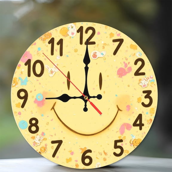 Happy Face Smiley Wall Clock Home Decor 10-Inch Silent Wooden Wall Clock, Battery Operated (AA Batteries Not Included), Artistic Home Decor