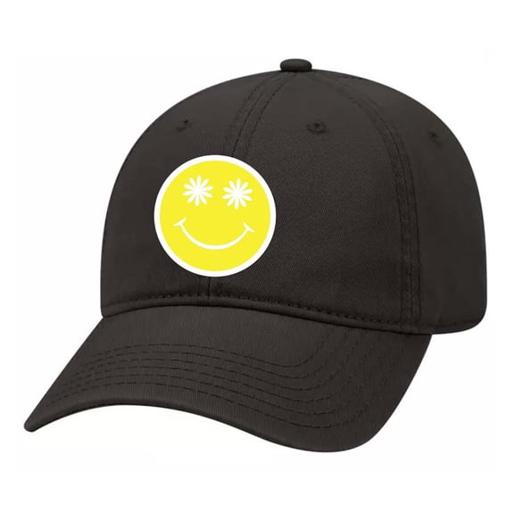 Happy Face Yellow Smile Face Daisy Eyes Unisex Embroidered Twill Dad Hat, Black