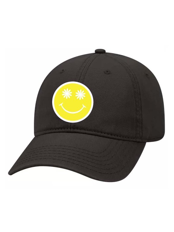 Happy Face Yellow Smile Face Daisy Eyes Unisex Embroidered Twill Dad Hat, Black