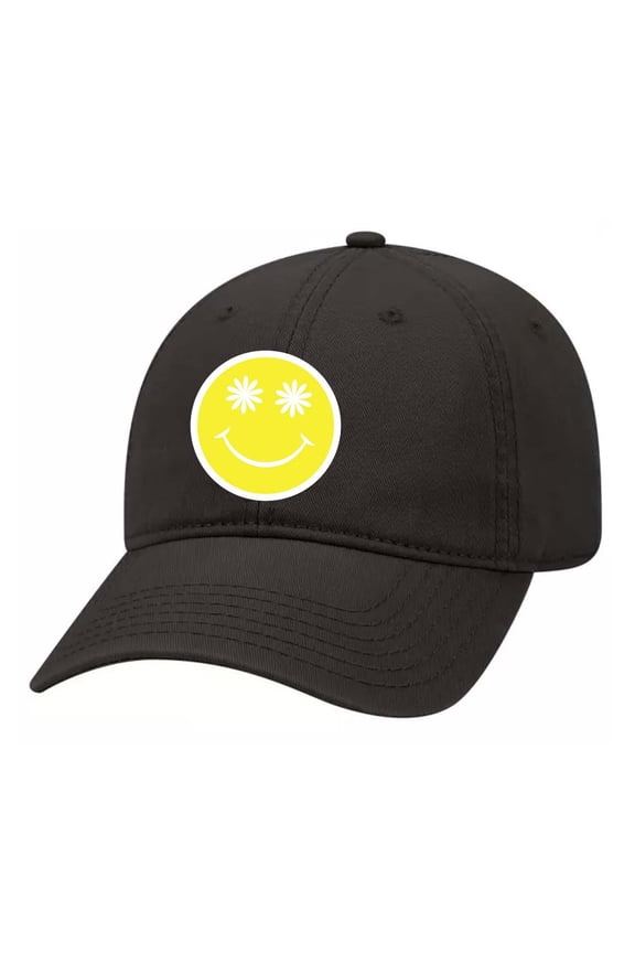 Happy Face Yellow Smile Face Daisy Eyes Unisex Embroidered Twill Dad Hat, Black