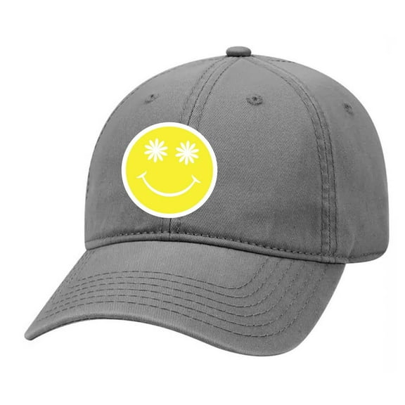 Happy Face Yellow Smile Face Daisy Eyes Unisex Embroidered Twill Dad Hat, Gray