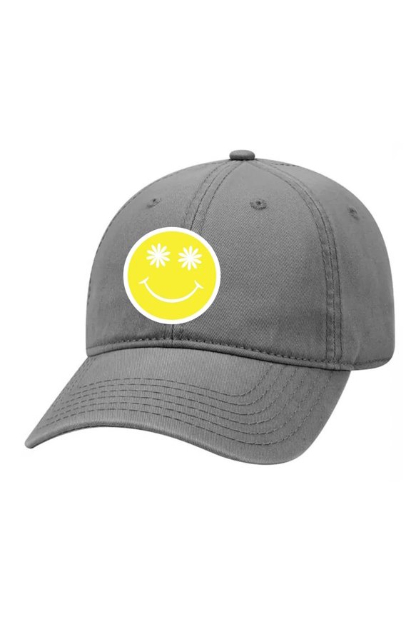 Happy Face Yellow Smile Face Daisy Eyes Unisex Embroidered Twill Dad Hat, Gray