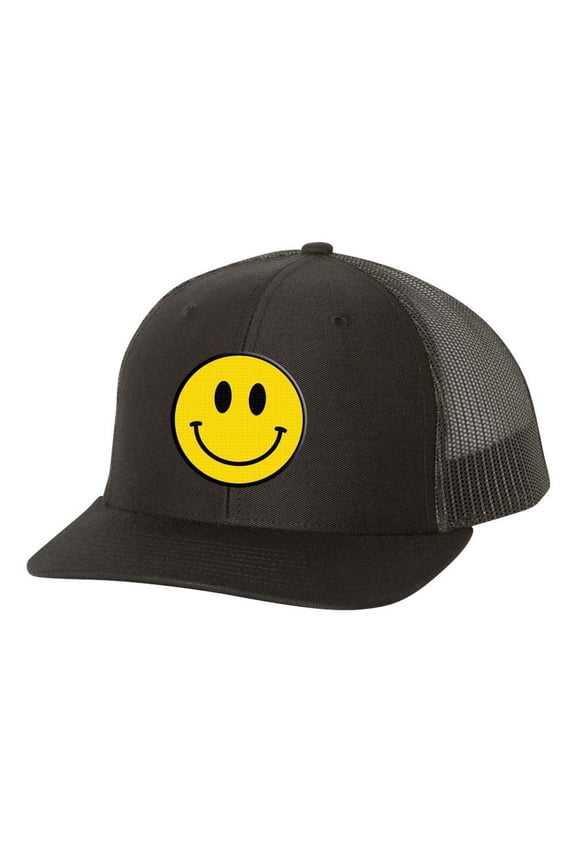 Happy Face Yellow Smile Face Mens Embroidered Mesh Back Trucker Hat, Black/Black