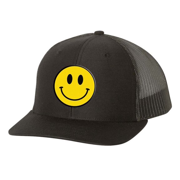 Happy Face Yellow Smile Face Mens Embroidered Mesh Back Trucker Hat, Black/Black