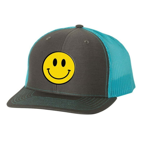 Happy Face Yellow Smile Face Mens Embroidered Mesh Back Trucker Hat, Charcoal/Neon Blue